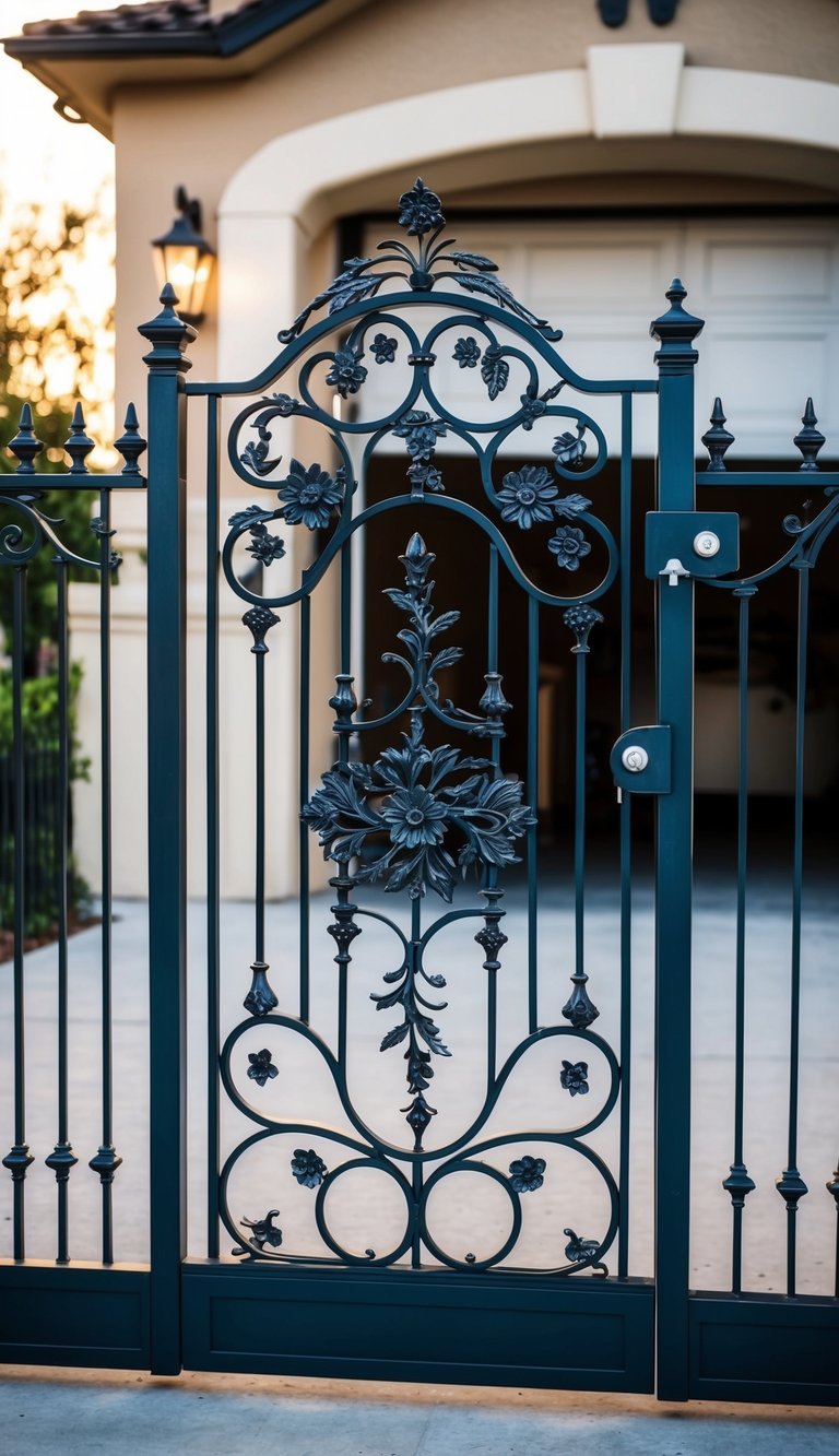 An ornate iron gate adorned with intricate floral motifs stands as the stylish and secure entry to a garage