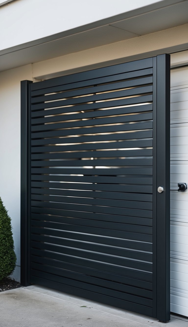 A horizontal slatted wood gate with a matte black finish stands tall, providing a secure and stylish entry to the garage