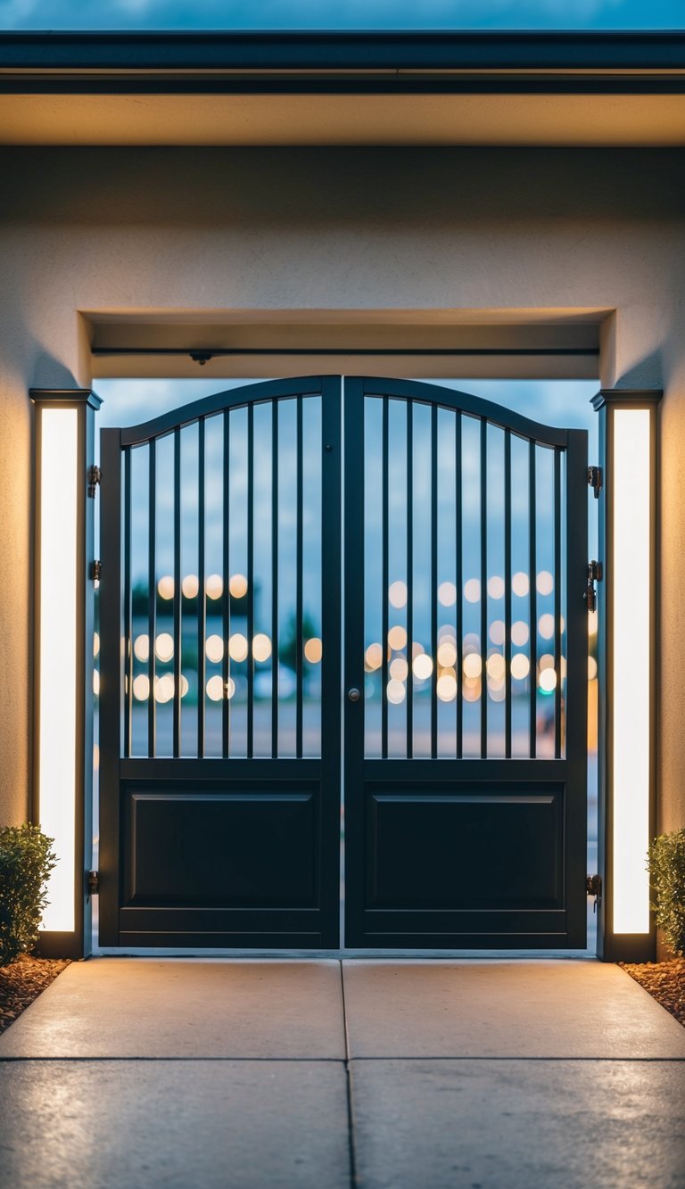 A double swing gate with integrated lighting stands tall, providing a secure and stylish entry to the garage