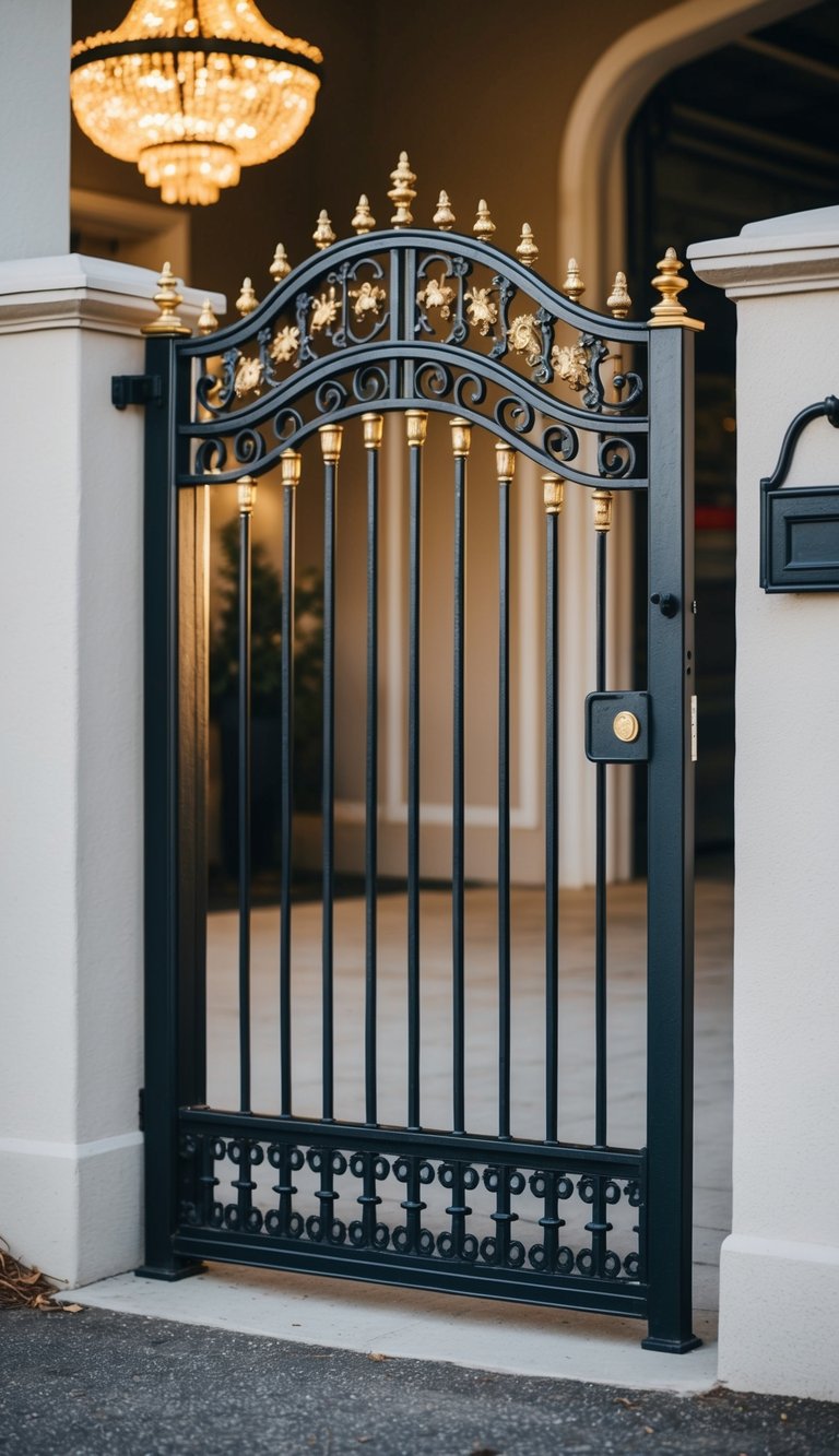 A traditional cast iron gate with gold accents stands tall and elegant, offering a secure and stylish entry to the garage