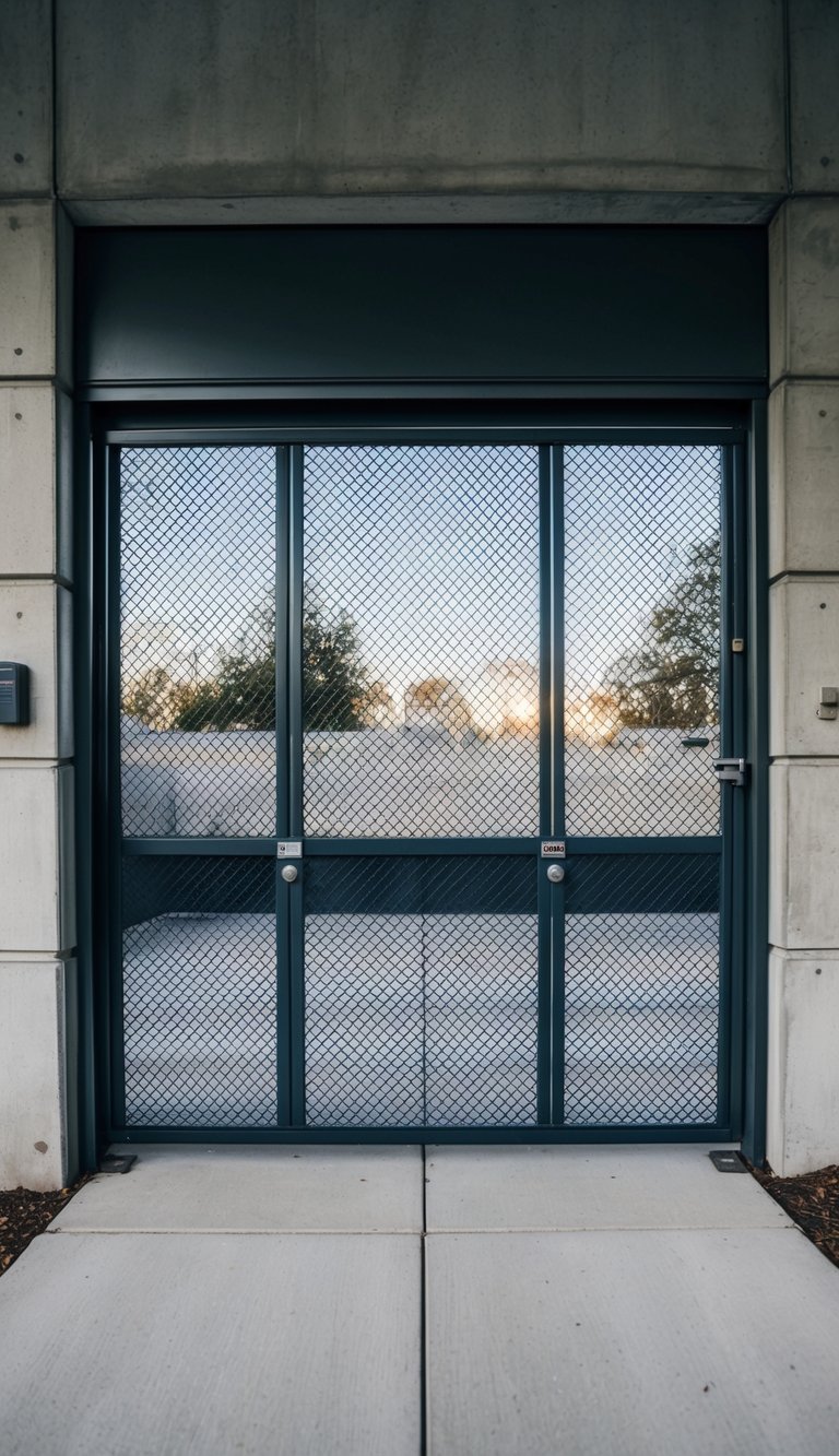 A steel mesh garage gate with industrial design, surrounded by concrete walls and security features
