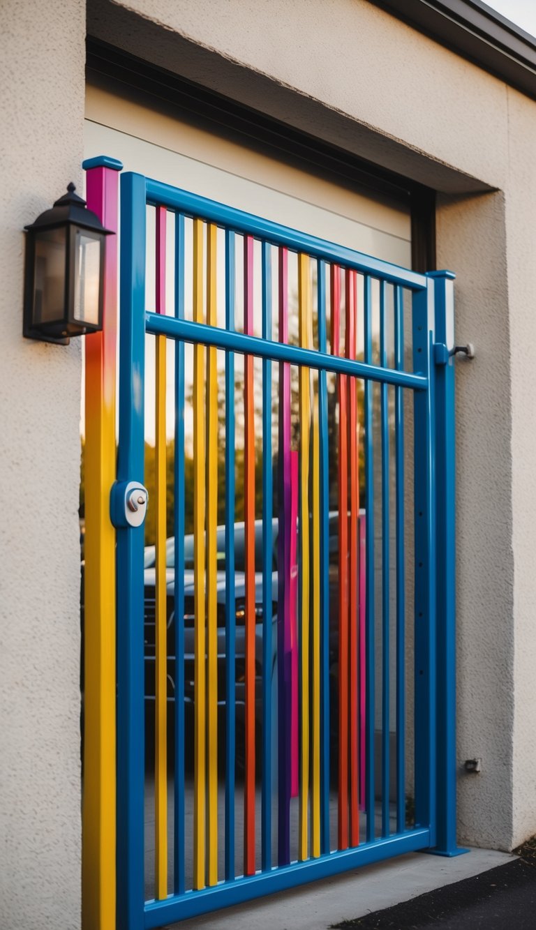A vibrant powder-coated aluminum gate stands tall, showcasing bold colors and intricate designs, providing both security and style for the garage entry
