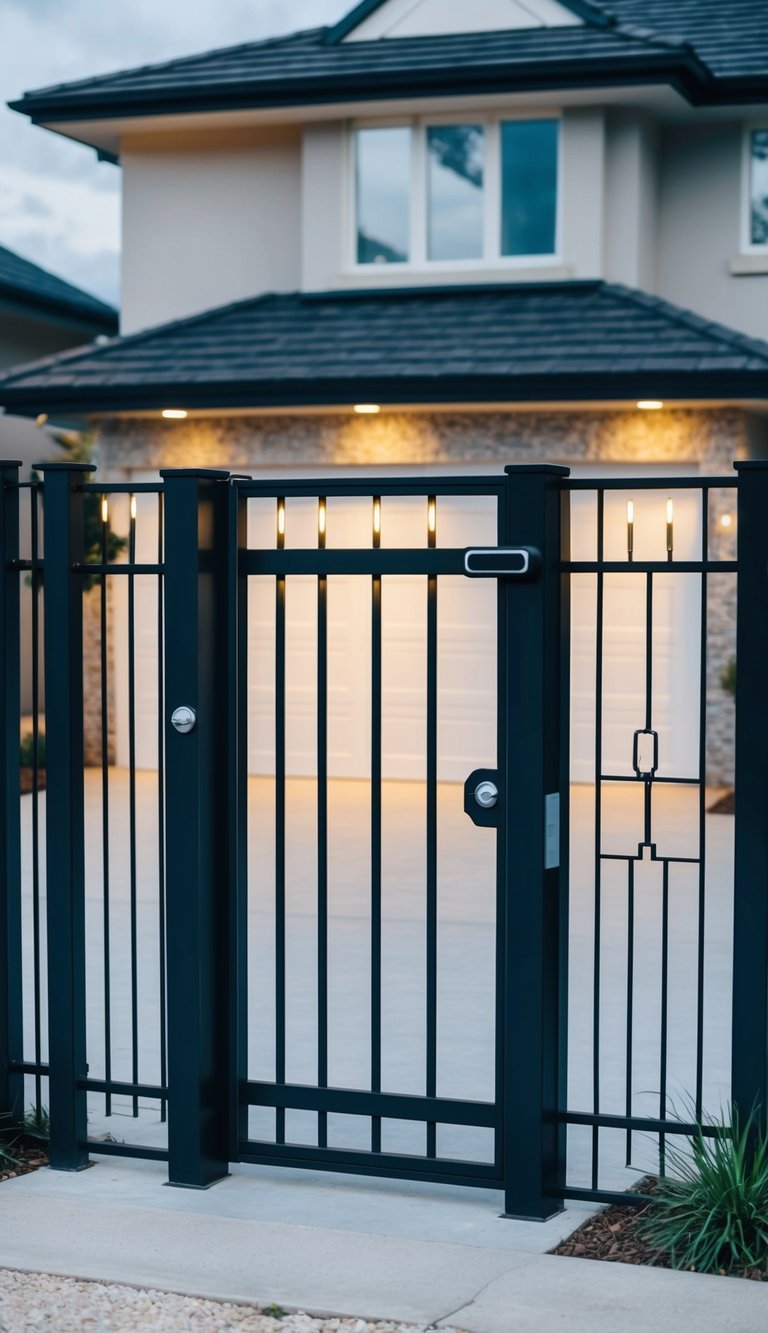 An electric gate with motion sensor lighting stands in front of a stylish garage, surrounded by various secure and modern gate designs