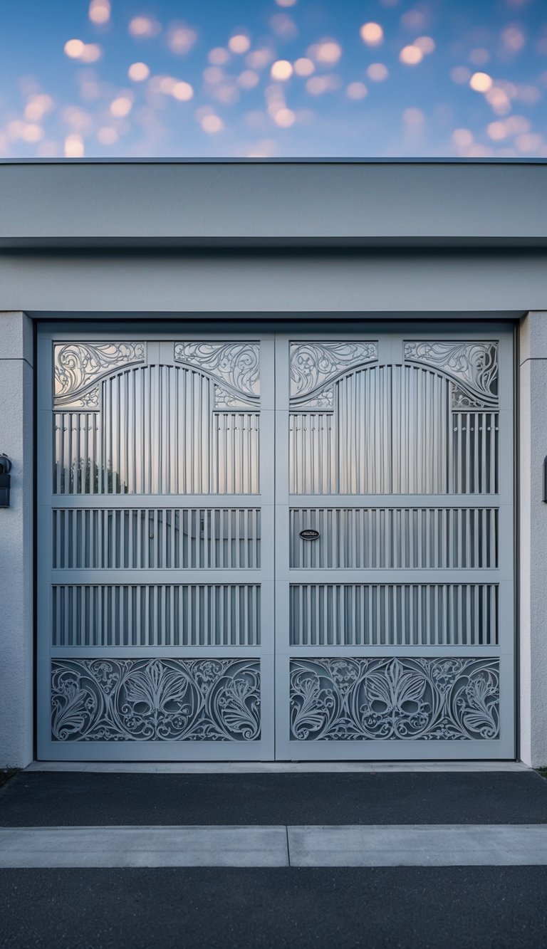 A modern garage gate with intricate laser-etched designs, providing both security and style for entry