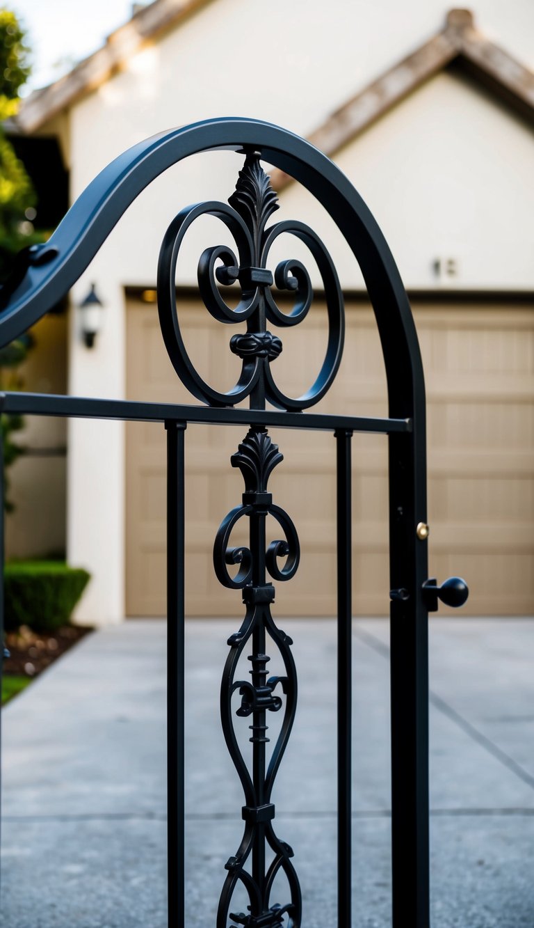 A wrought iron gate with a curved top and intricate scrollwork, set against a backdrop of a secure and stylish garage entry