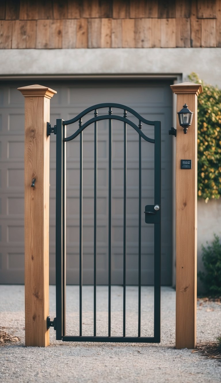 A tall wood and iron gate stands in front of a rustic garage, blending security with style