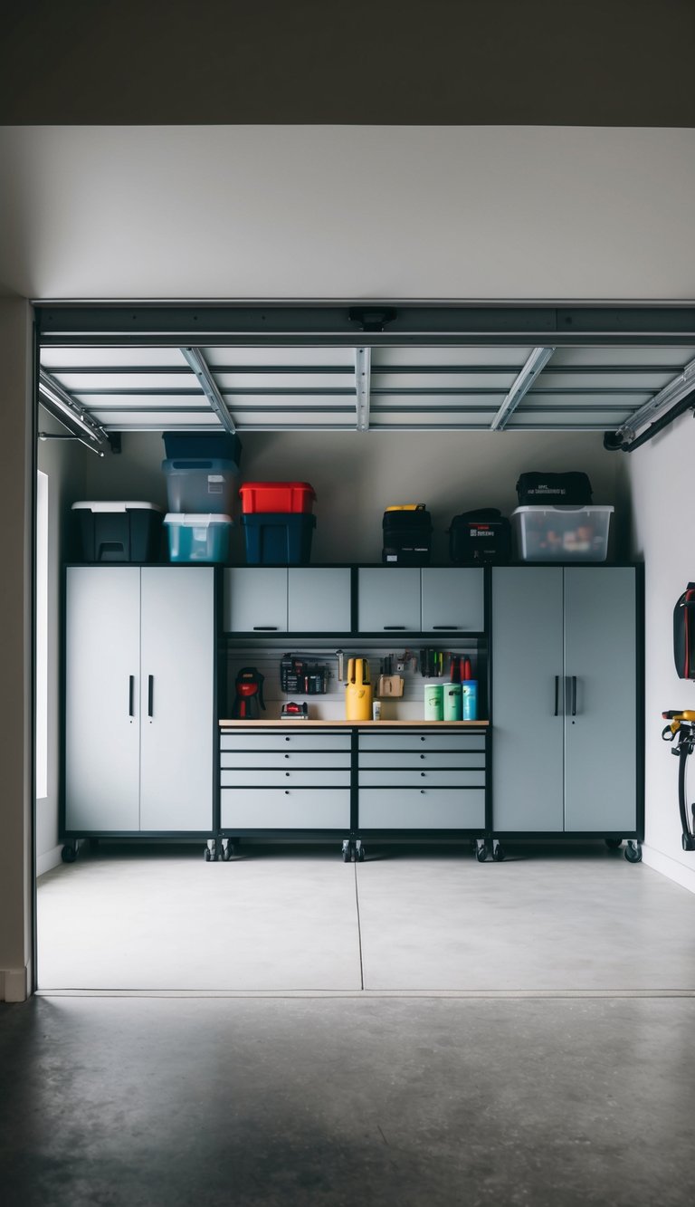 A compact garage with innovative storage solutions and efficient layout to maximize space