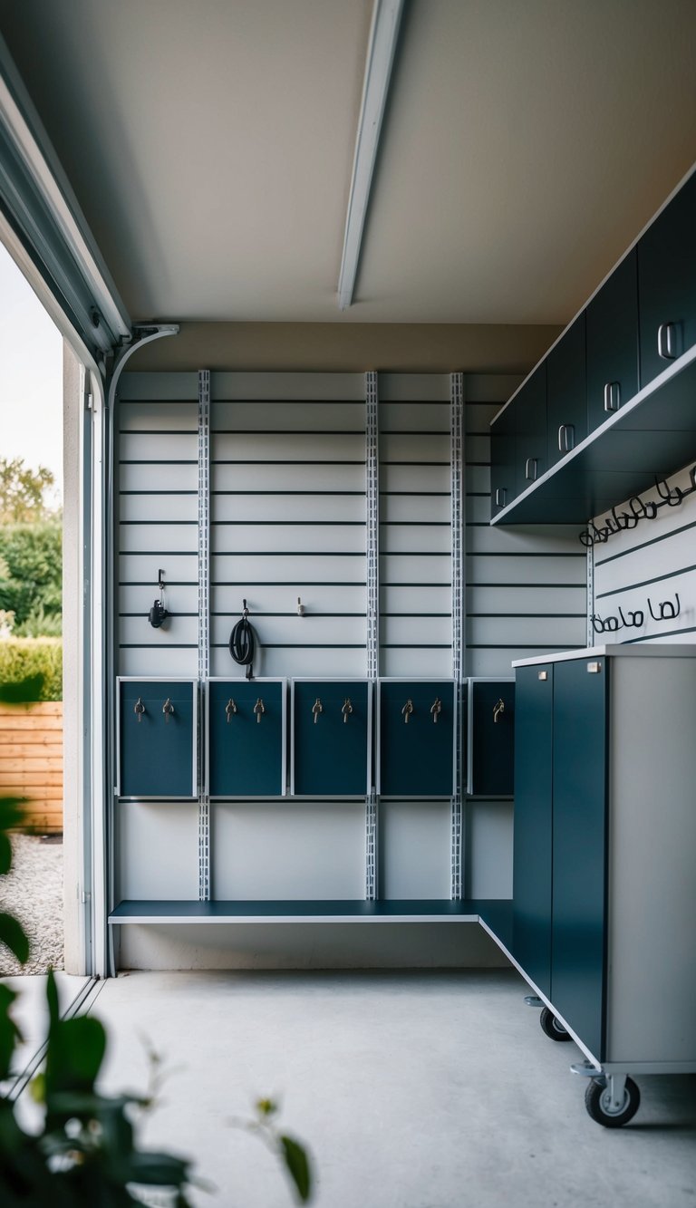 Slatwall storage system installed in small garage with PVC panels and hanging hooks