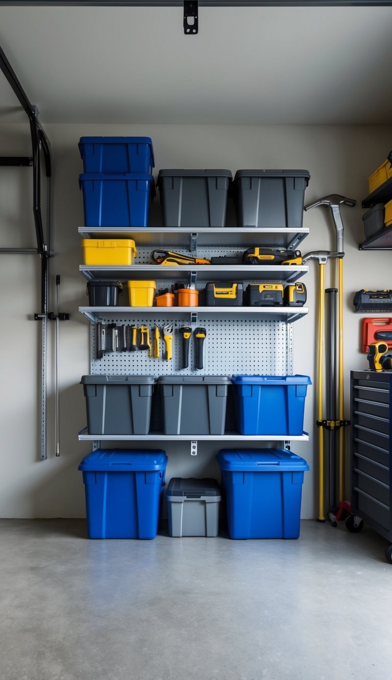 Wall-mounted shelves hold tools and storage bins, freeing up floor space in a small garage