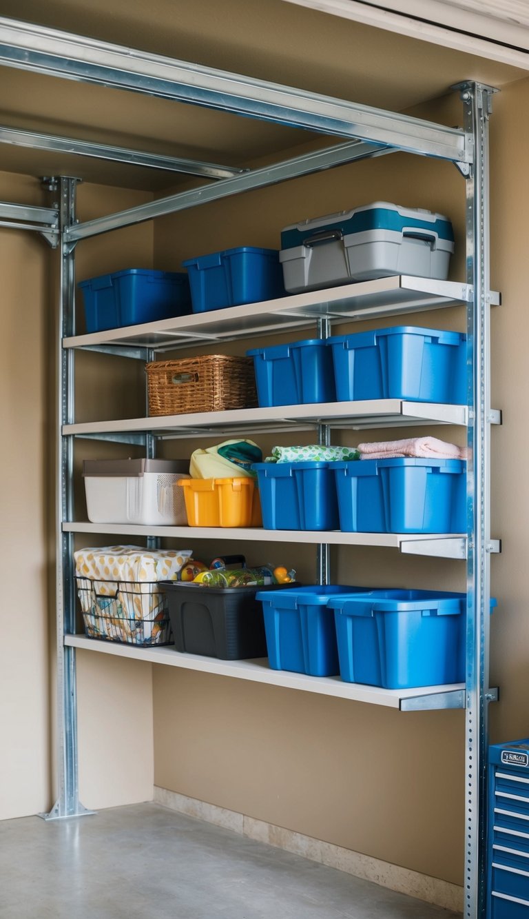 Overhead storage racks installed in a small garage, holding seasonal items neatly organized to maximize space