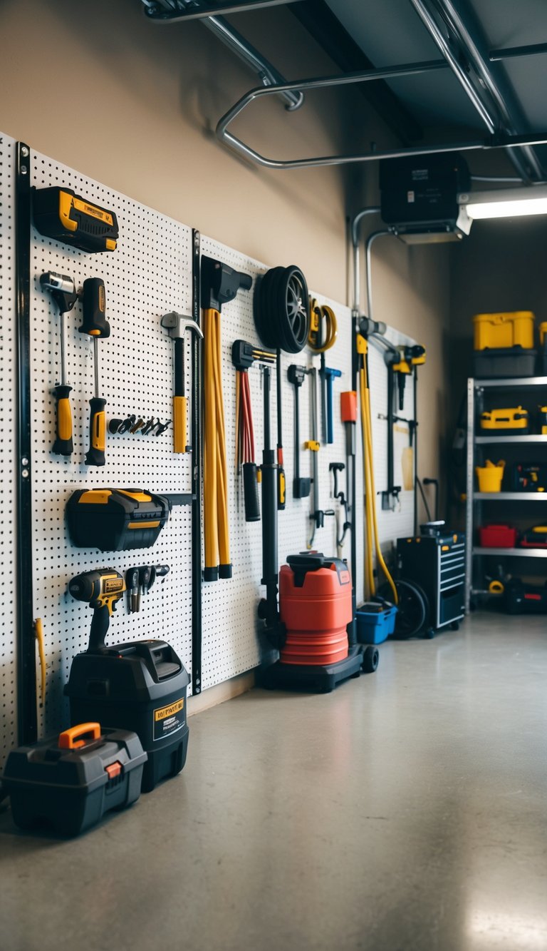 Pegboards line the walls, neatly holding various tools and equipment in a small, organized garage space