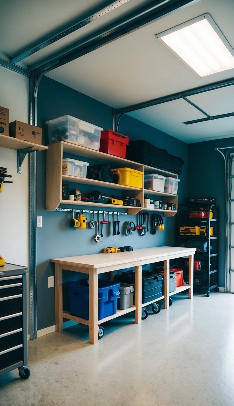 A 2-foot deep bench lines the wall in a small garage, maximizing space for storage and work