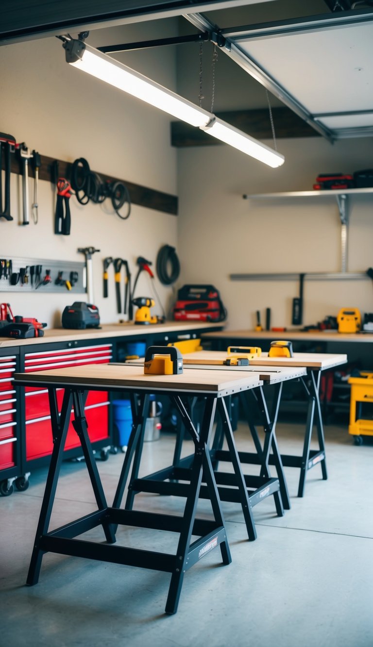 Foldable worktables arranged in a small garage, maximizing space. Tools and equipment neatly organized on the tables