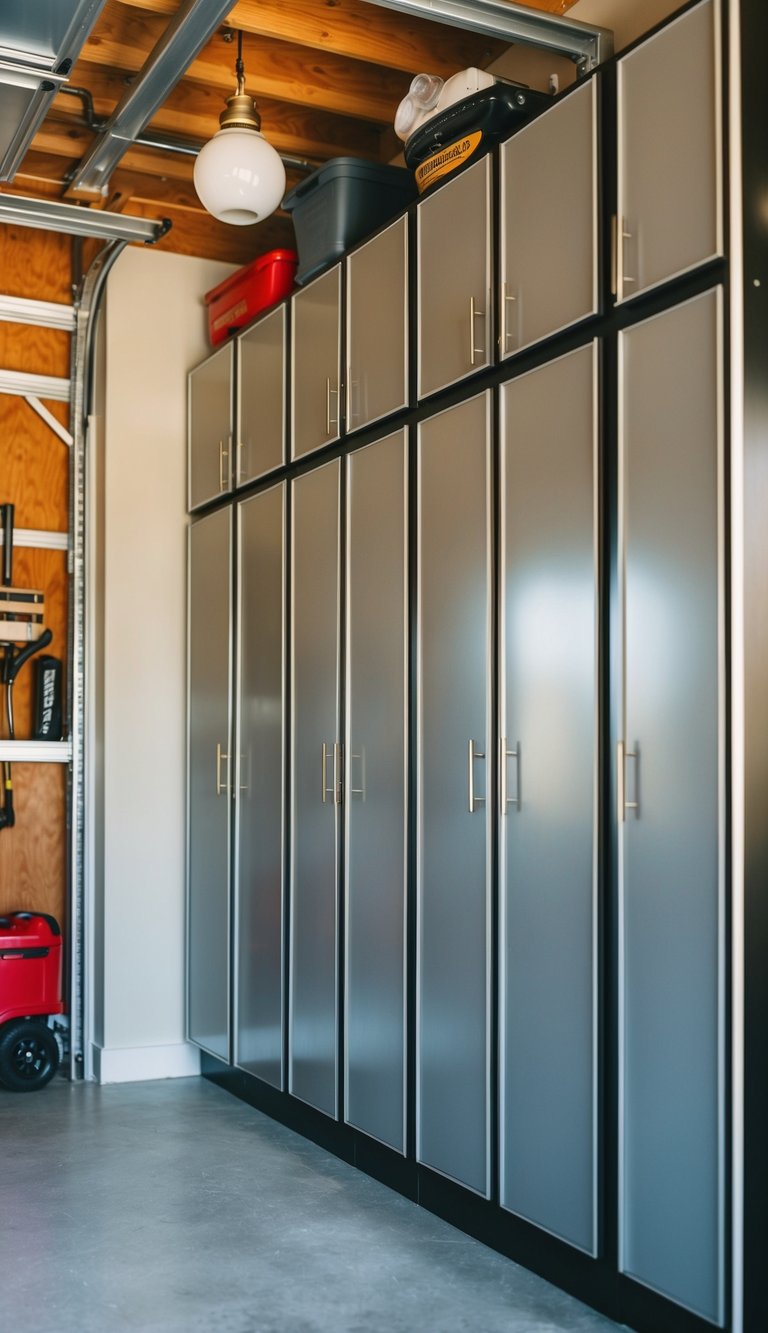 Tall cabinets line the walls of a small garage, maximizing vertical storage space