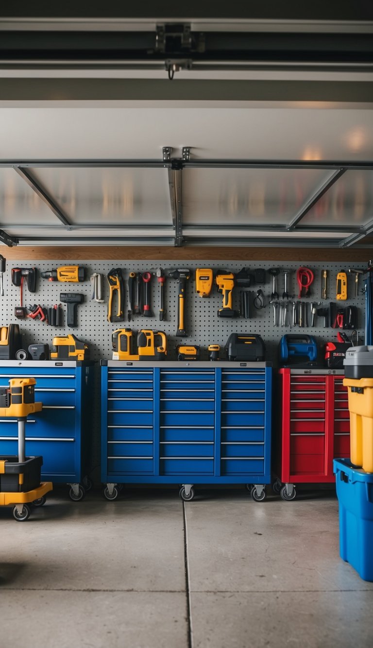 A cluttered garage with 24 rolling storage carts for easy tool access