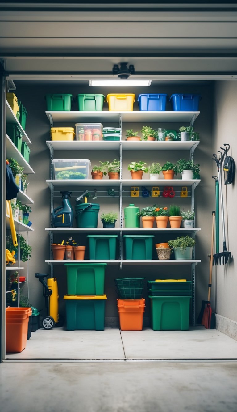 A small garage with organized zones for gardening supplies. Shelves, hooks, and labeled bins maximize space and efficiency