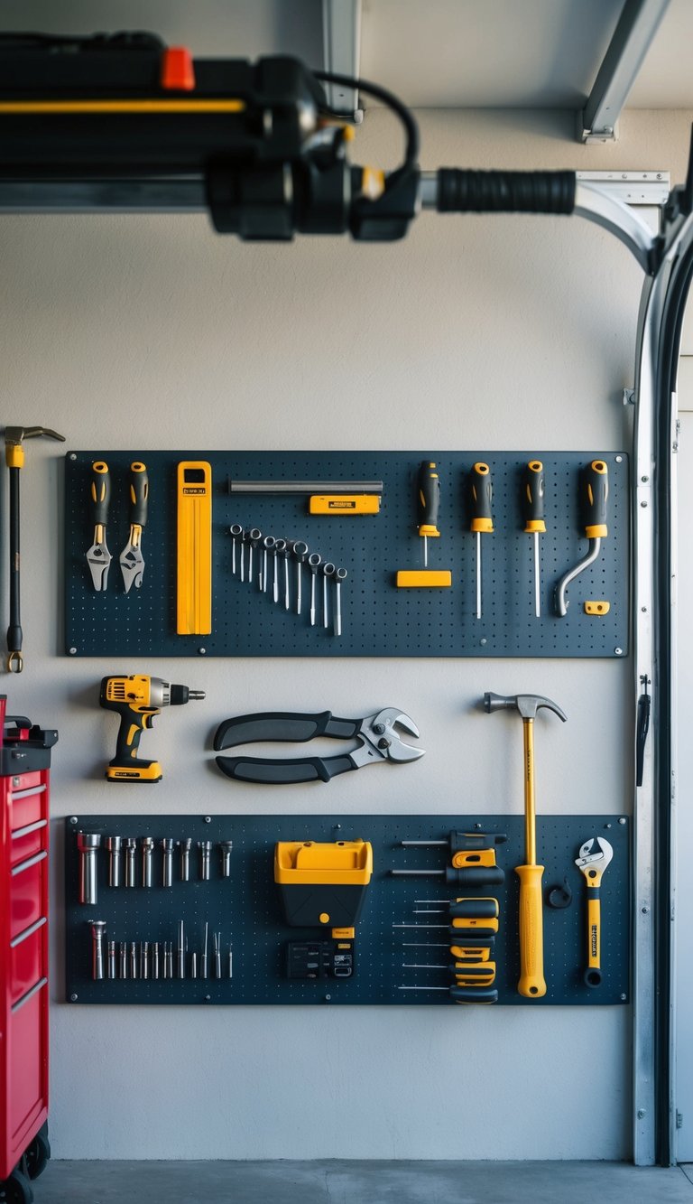 A small garage with magnetic strips on the wall, holding various small metal tools in an organized and space-saving manner