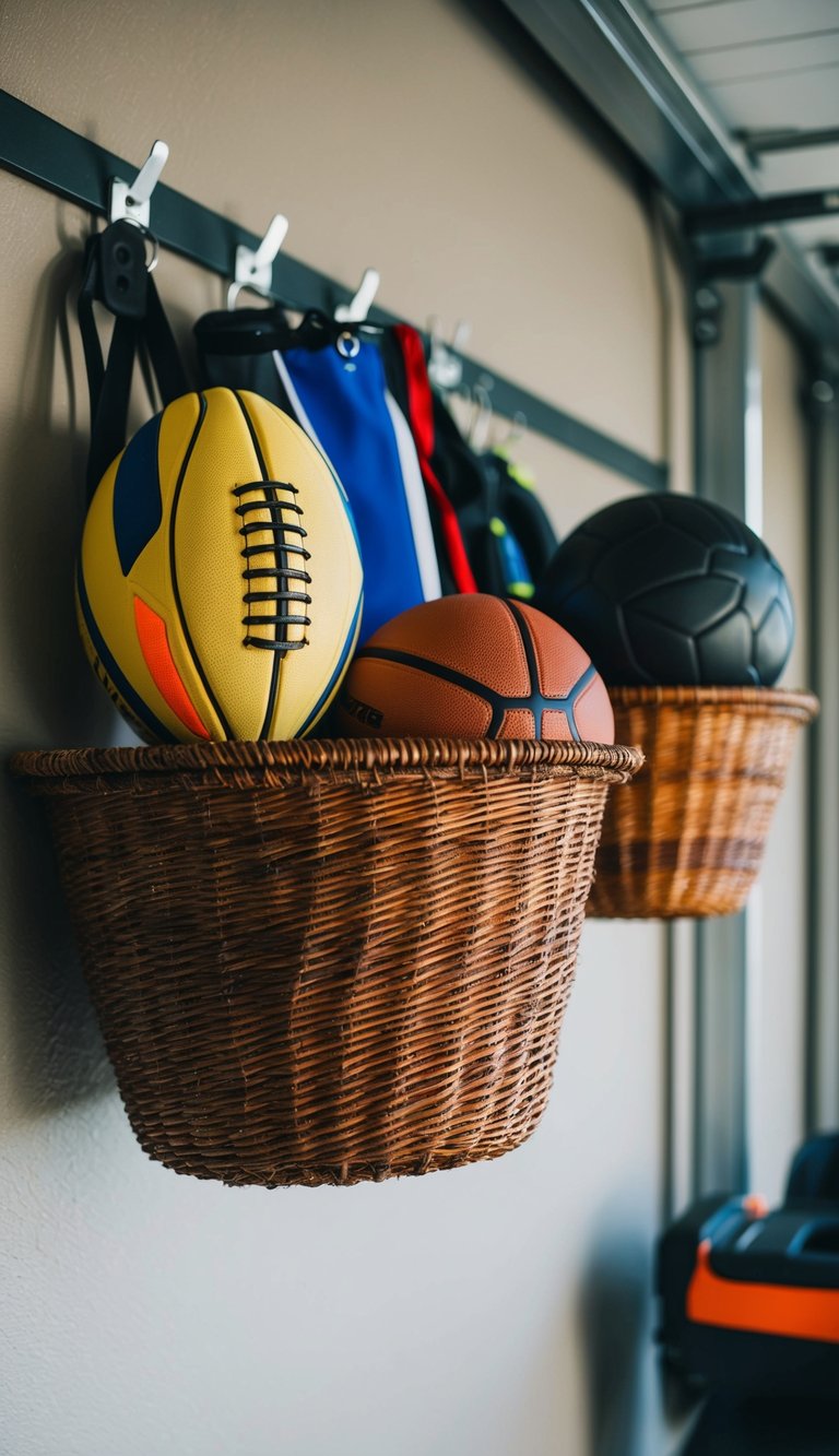Baskets hang on garage walls, holding sports equipment