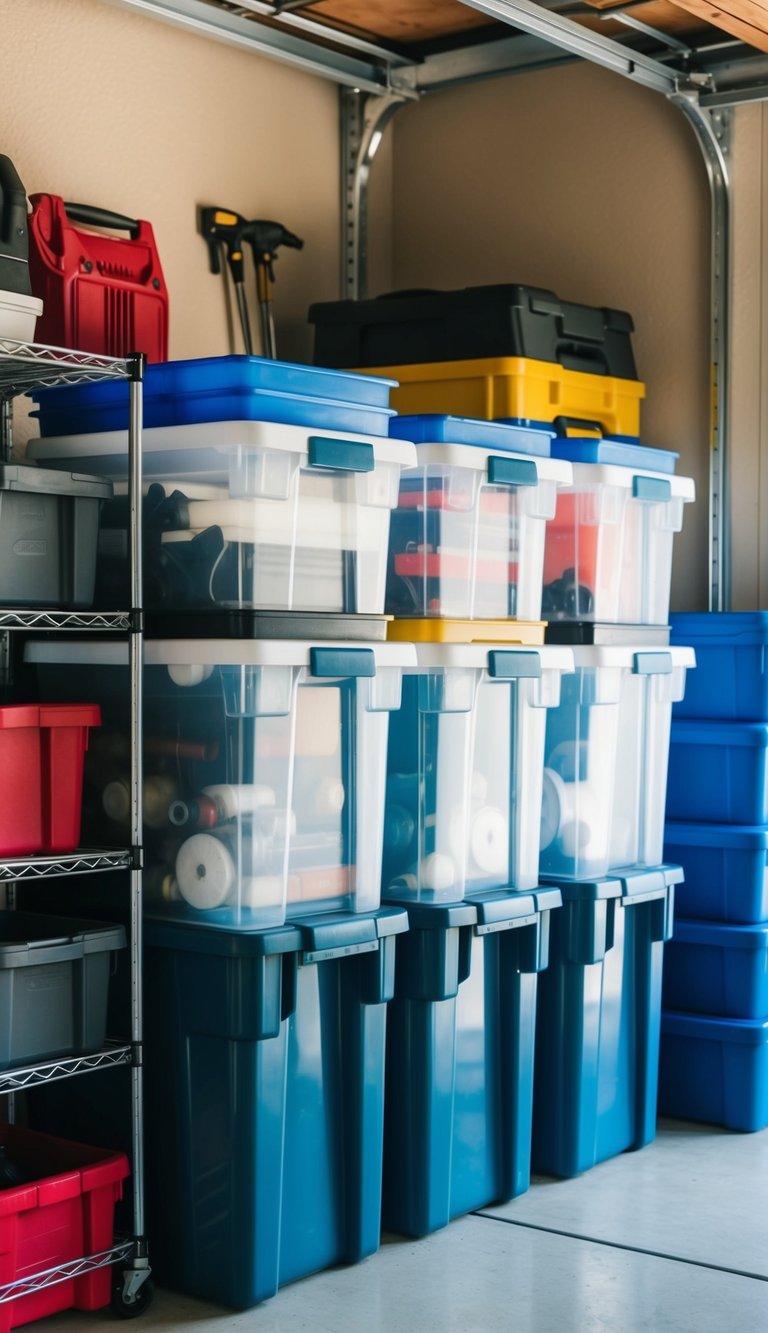 Clear plastic bins neatly organized in a small garage, maximizing space