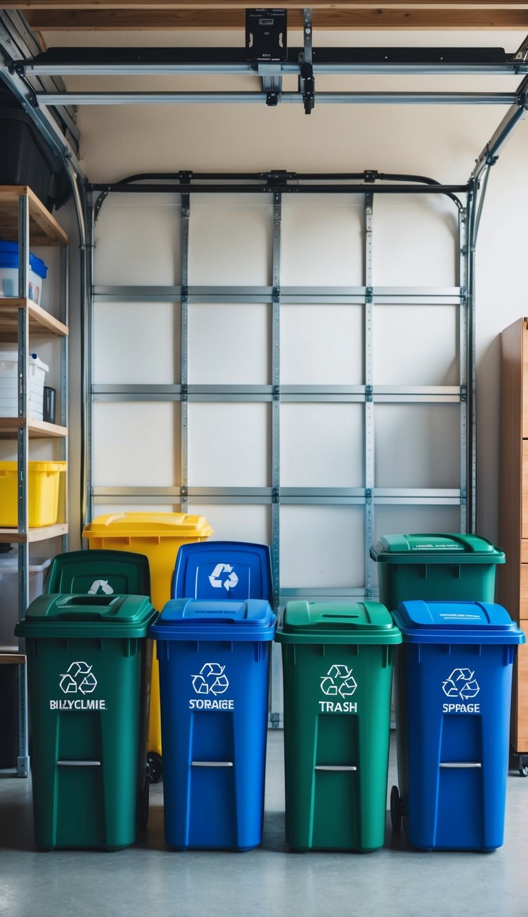 Neatly organized recycling and trash bins in a small garage with efficient storage and space-saving designs