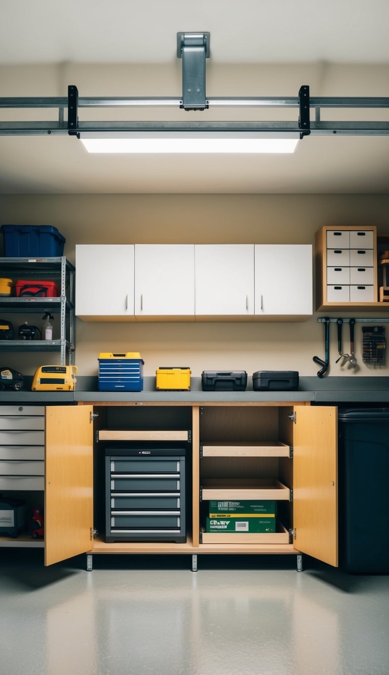 A small garage with cabinets featuring pull-out shelves, maximizing space with efficient storage solutions