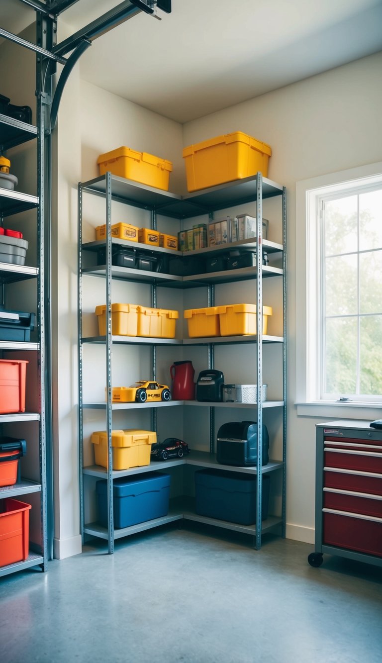 Corner shelving units utilized in small garage, maximizing space with efficient organization and storage