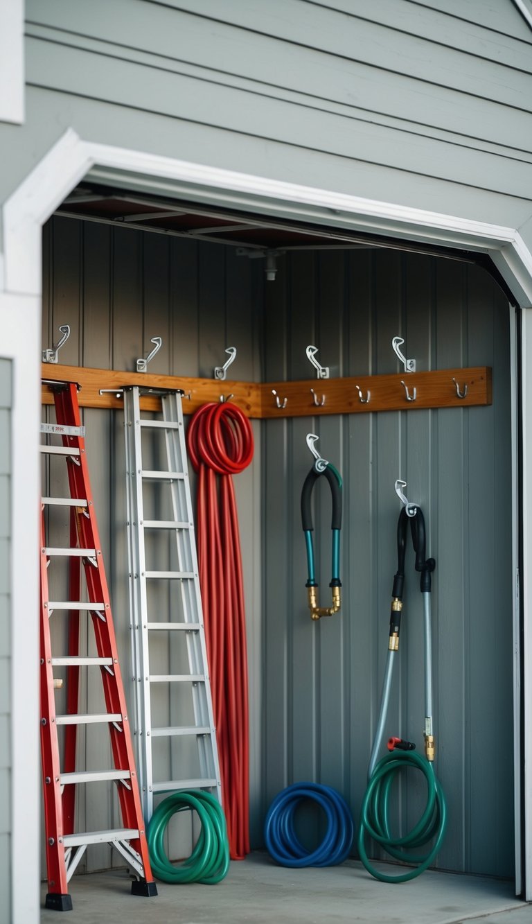 A small garage with mounted hooks for ladders and hoses
