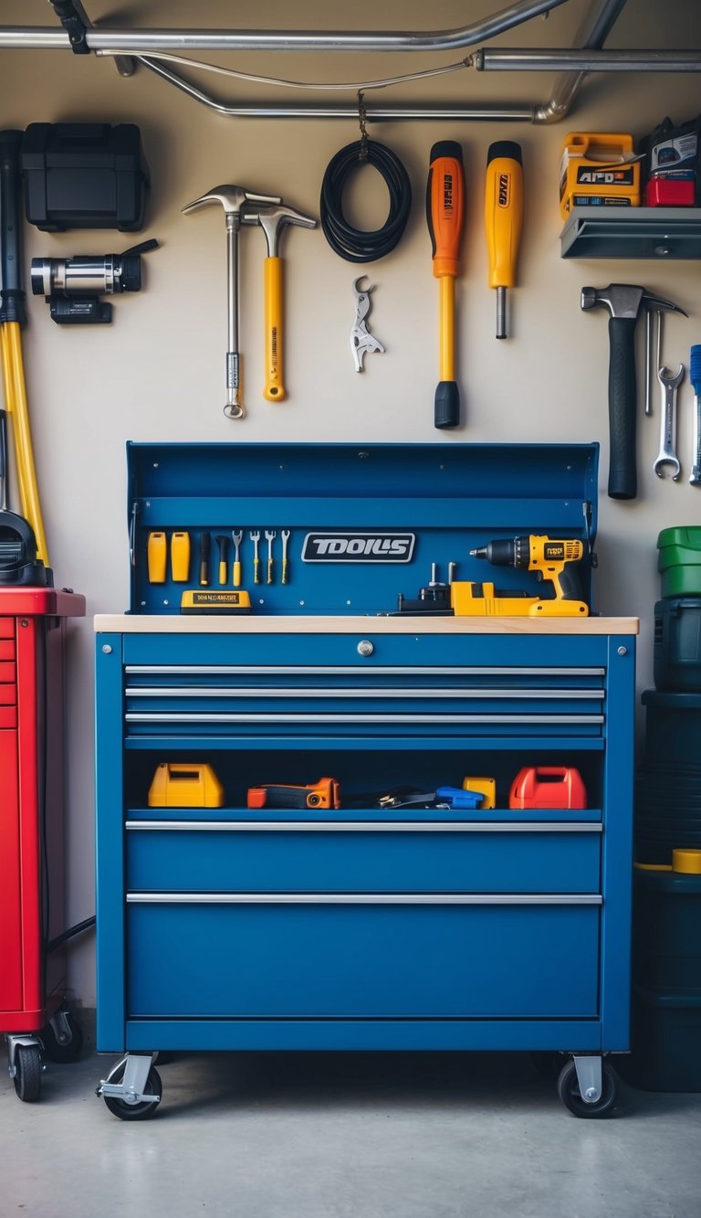 A compact tool chest area with neatly organized tools and supplies in a small garage