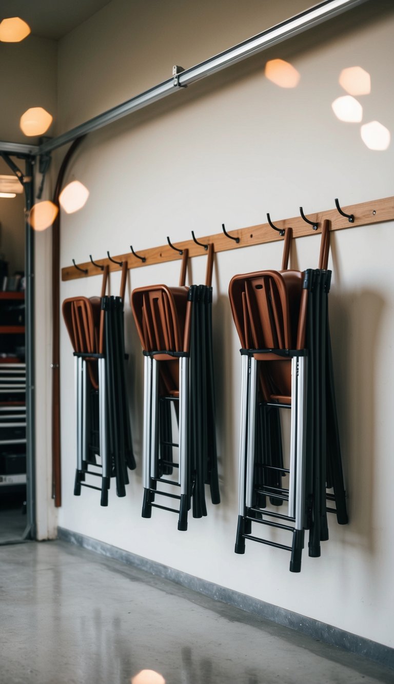 Foldable chairs hung neatly on wall hooks in a small garage