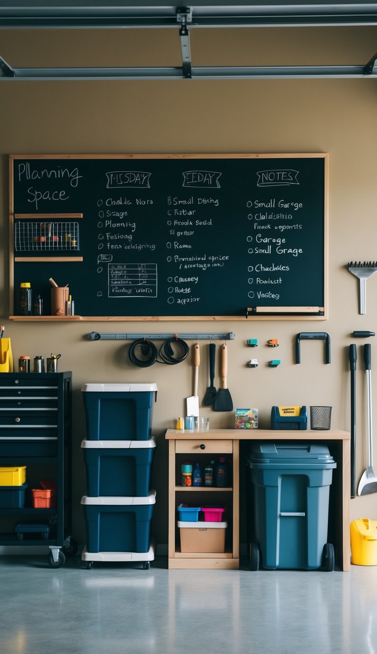 A small garage with a chalkboard wall for planning and notes, maximizing space with clever design and organization