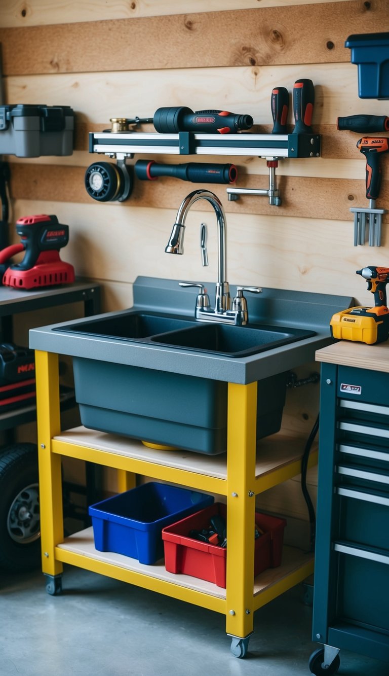 A compact utility sink with storage underneath in a small garage, surrounded by tools and organized shelves