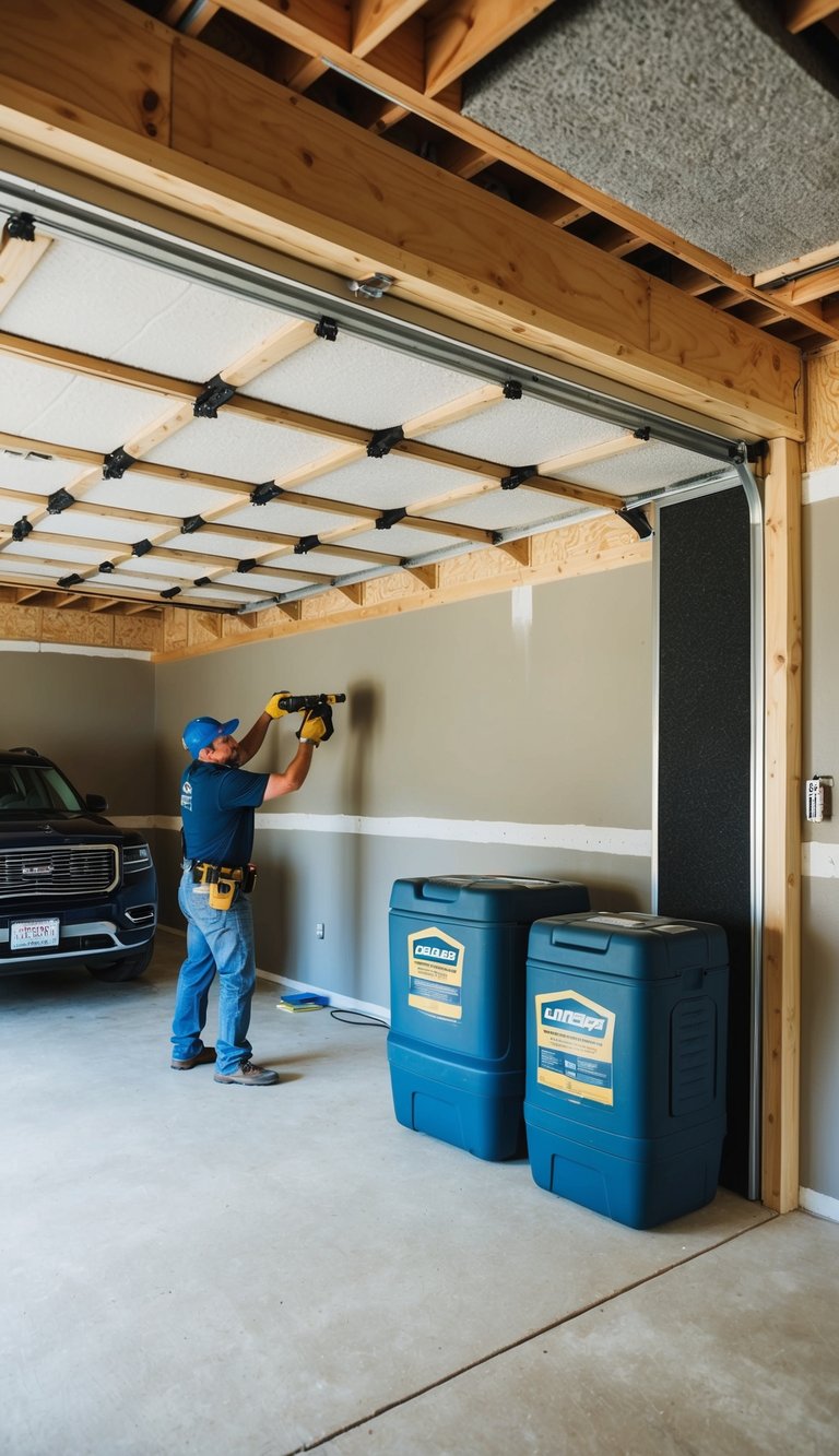 A garage being transformed into a man cave with soundproofing insulation being installed for a quieter space