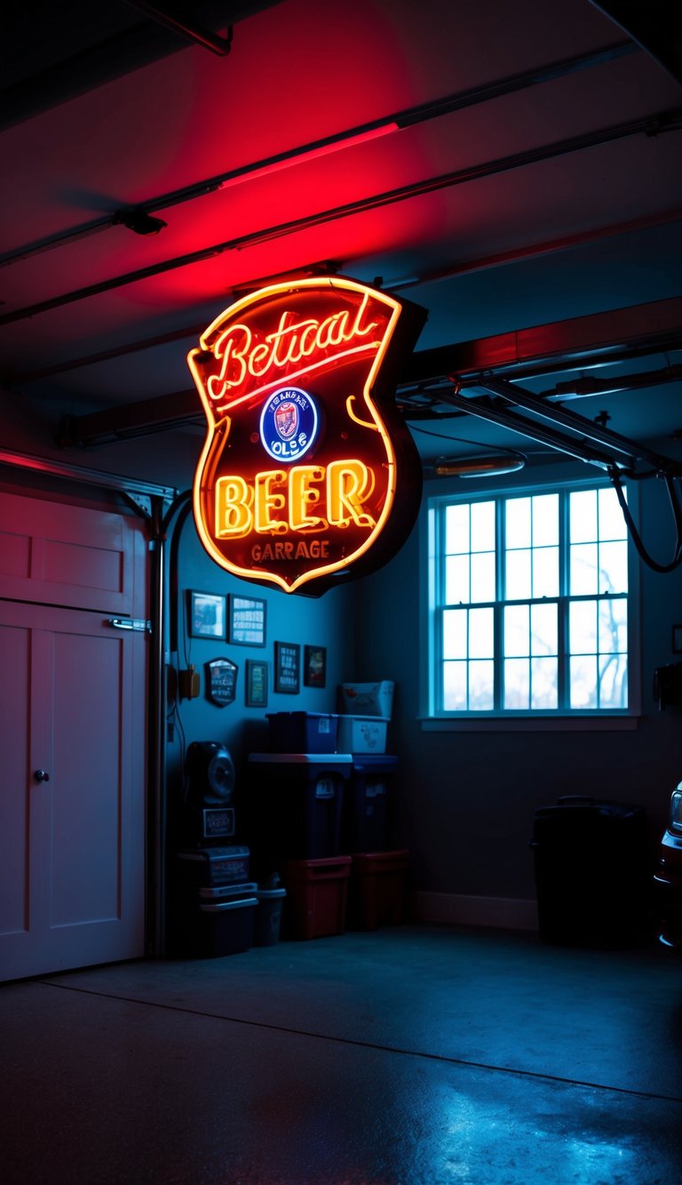 A dimly lit garage with a vintage neon beer sign casting a cool glow, creating the perfect ambiance for a man cave retreat