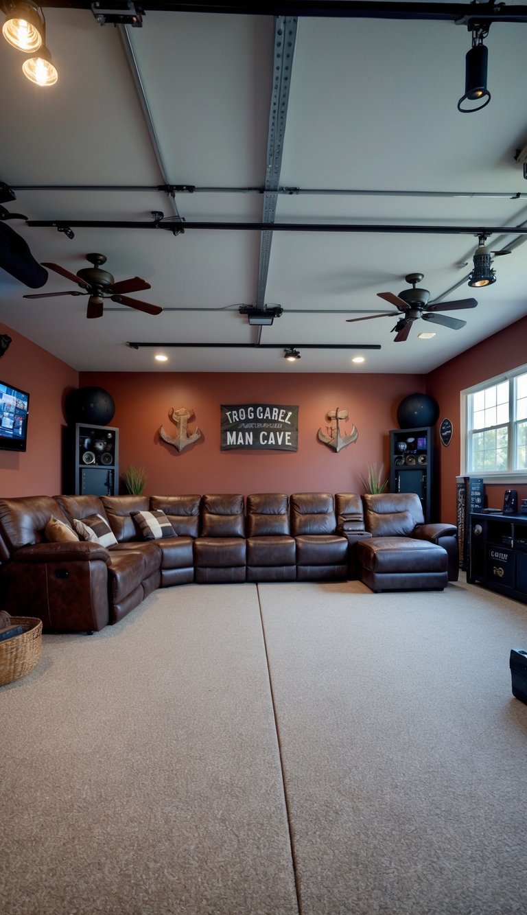 A cozy sectional leather sofa sits in the center of a spacious garage man cave, surrounded by masculine decor and entertainment options