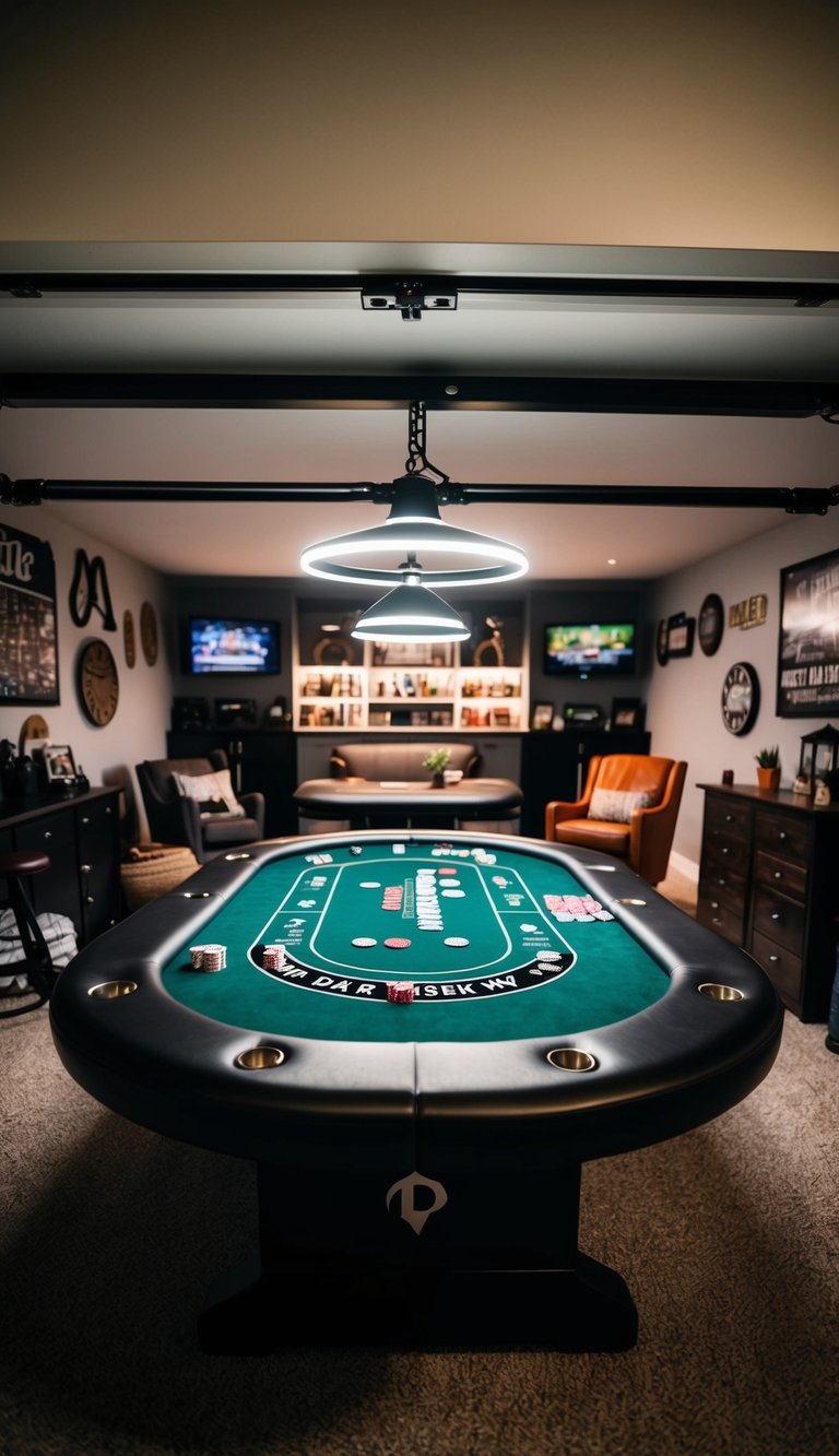 A poker table is set up in a garage man cave, surrounded by various manly decor and furniture. The space exudes a cozy and inviting atmosphere for a game night