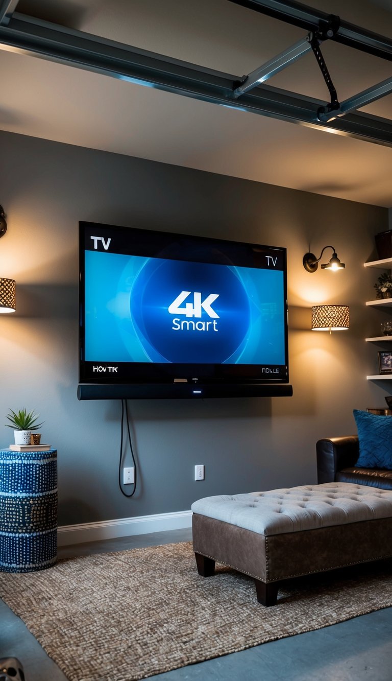 A 75-inch 4K smart TV mounted on a wall in a garage man cave with stylish and comfortable designs for the ultimate retreat