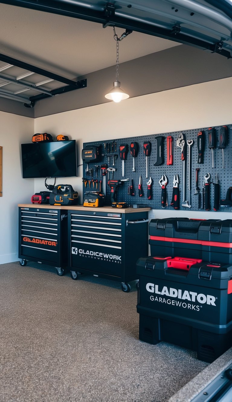 A well-organized garage man cave with Gladiator GarageWorks wall organizers showcasing an array of tools in a sleek and functional display
