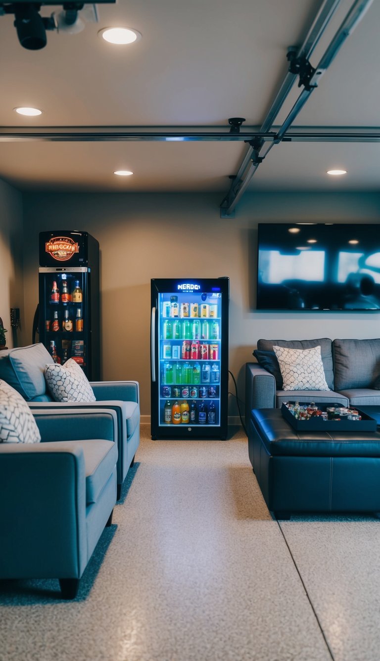 A mini fridge filled with drinks sits in a stylish garage man cave, surrounded by comfortable seating and entertainment options
