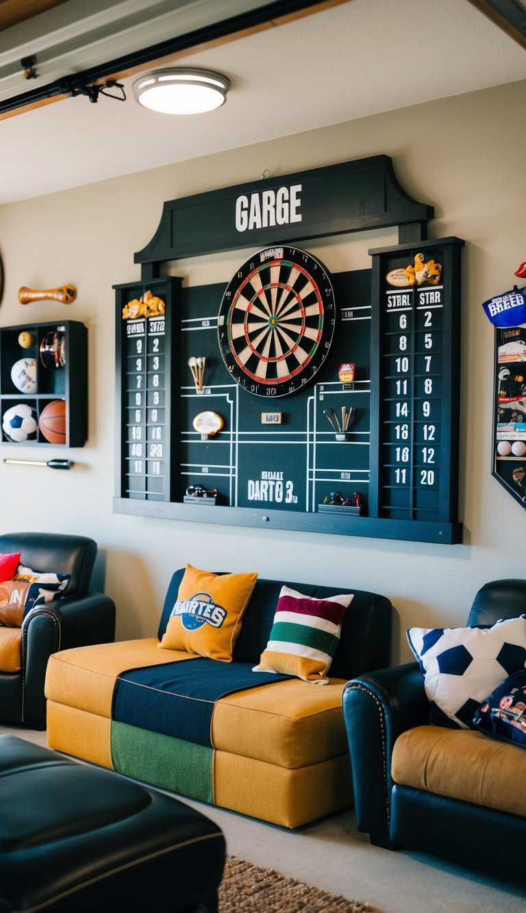 A dartboard with chalk scoreboard hangs on the wall of a garage man cave, surrounded by sports memorabilia and comfortable seating