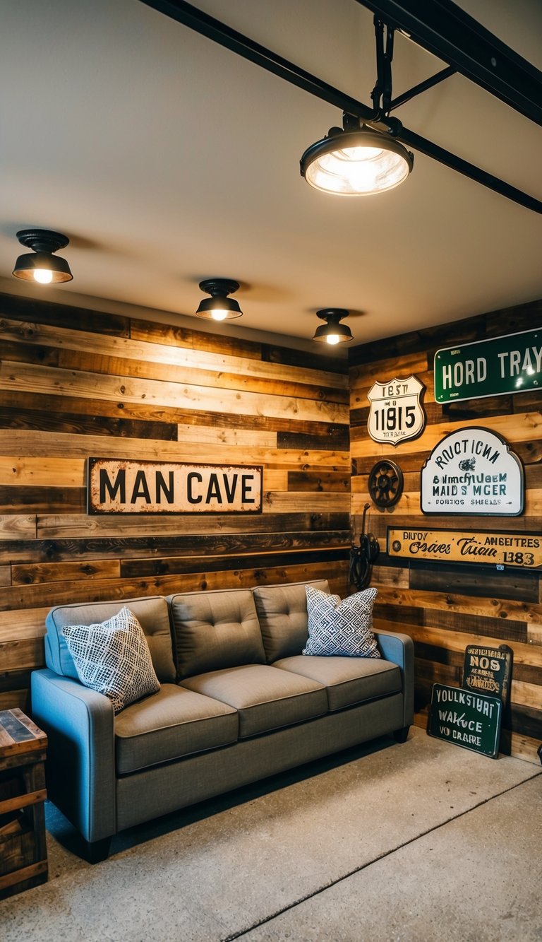 Reclaimed wood accent wall in garage man cave, with cozy seating, vintage signs, and industrial lighting