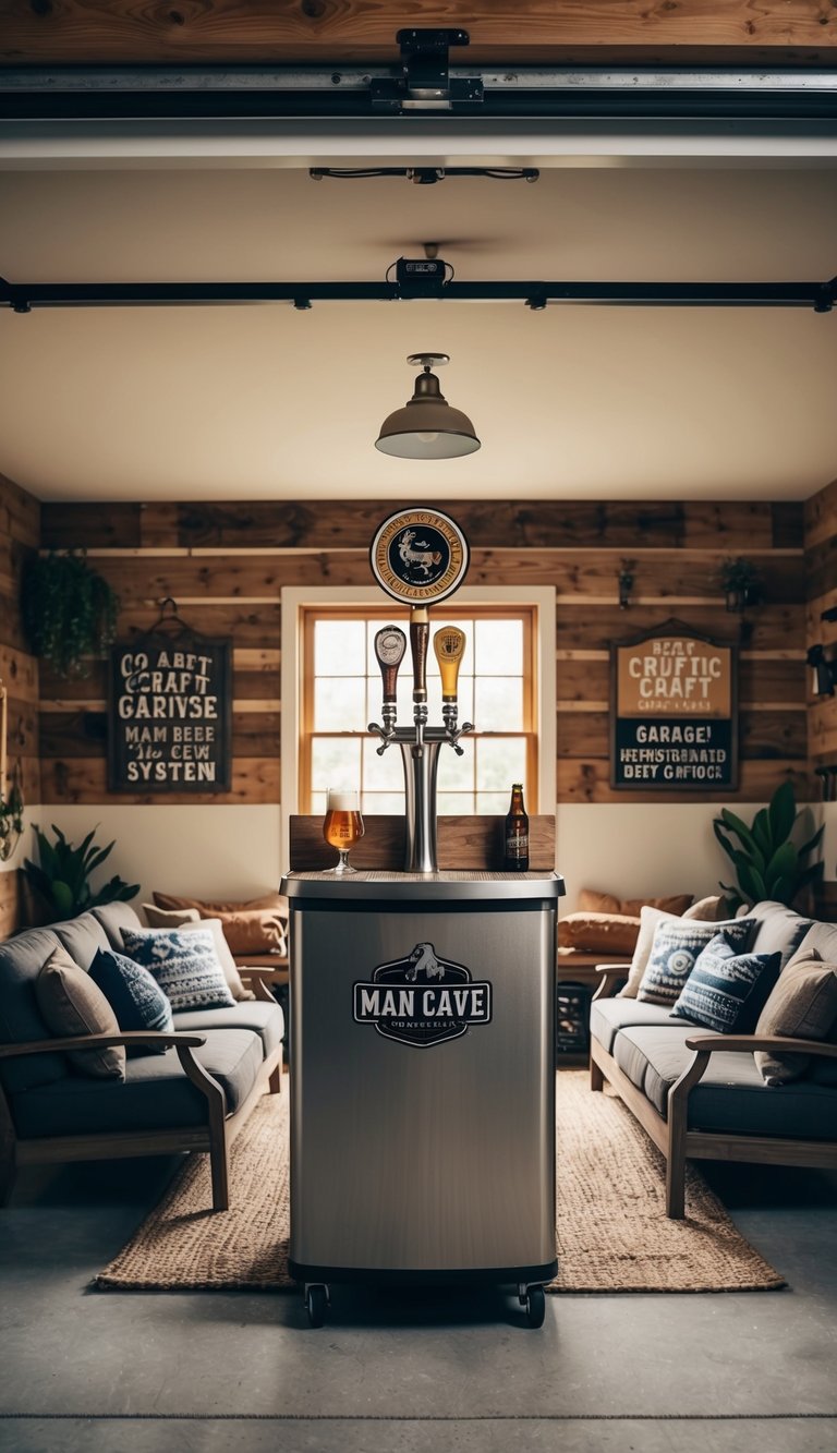 A garage man cave with a craft beer tap system, surrounded by rustic decor and comfortable seating for the ultimate retreat