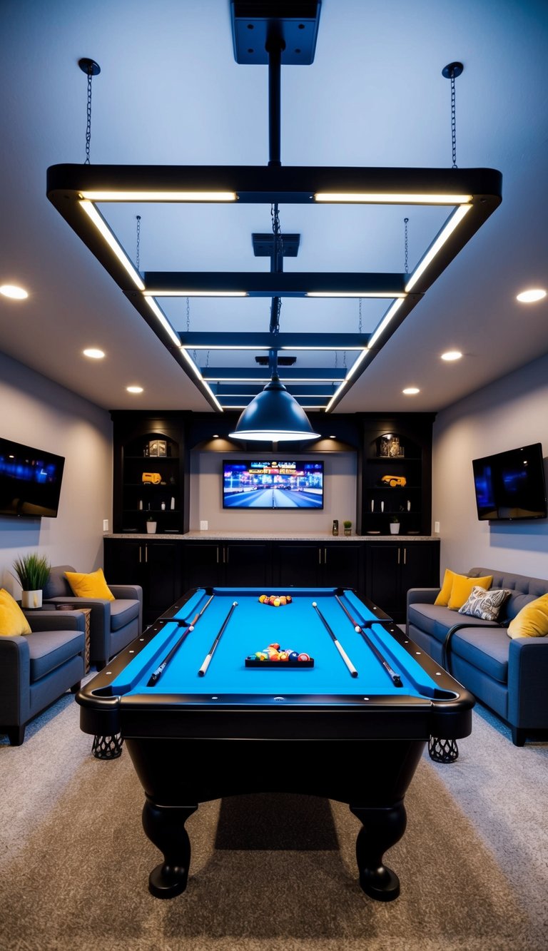 A pool table with LED overhead lights is the centerpiece of a stylish garage man cave, surrounded by comfortable seating and entertainment options