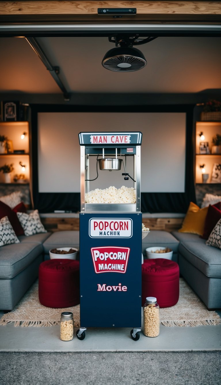 A garage man cave with a popcorn machine for movie nights, surrounded by cozy seating and entertainment options