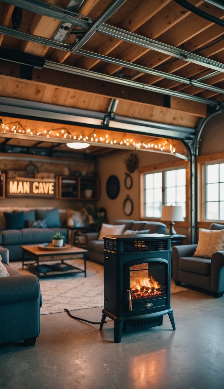 A cozy garage man cave with a fireplace-style electric heater, surrounded by comfortable seating and a rustic decor