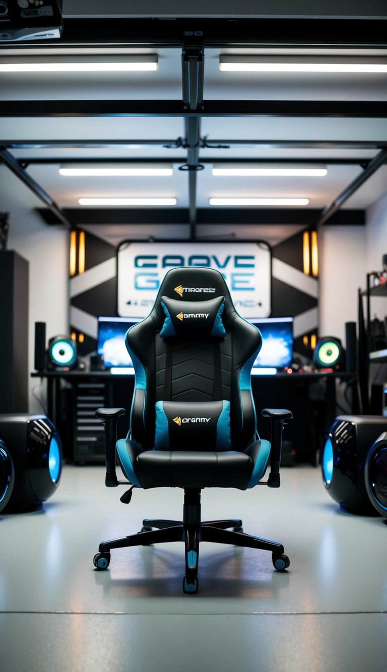 A gaming chair with surround sound sits in the center of a garage man cave, surrounded by sleek and modern decor