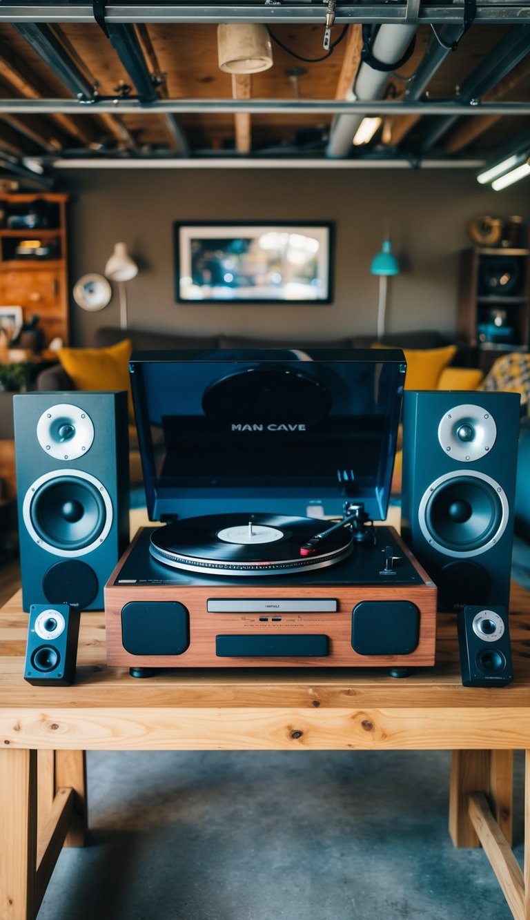 A vinyl record player with speakers sits on a wooden table in a garage man cave, surrounded by vintage decor and comfortable seating