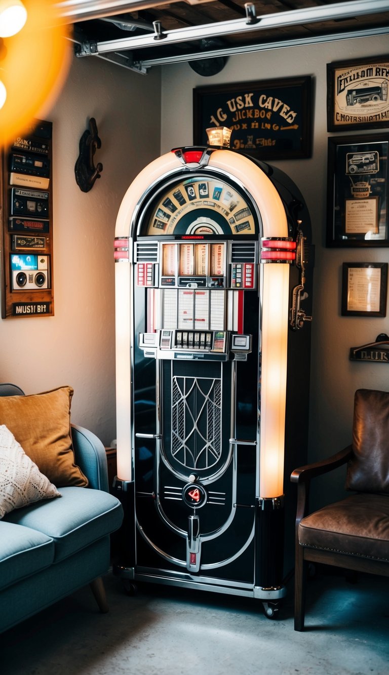 A classic jukebox stands in the corner of a garage man cave, surrounded by vintage decor and cozy seating for music variety