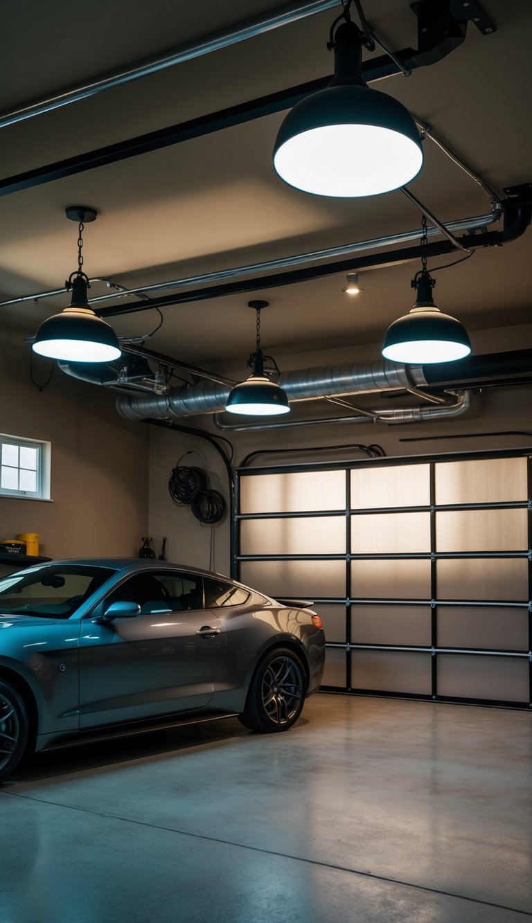 The garage man cave is illuminated by industrial-style pendant lighting, creating a rugged and masculine atmosphere for the ultimate retreat