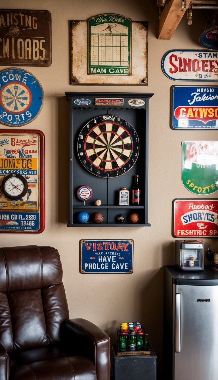 A dartboard cabinet hangs on the wall of a garage man cave, surrounded by vintage signs and sports memorabilia. A leather recliner and a mini fridge complete the cozy retreat