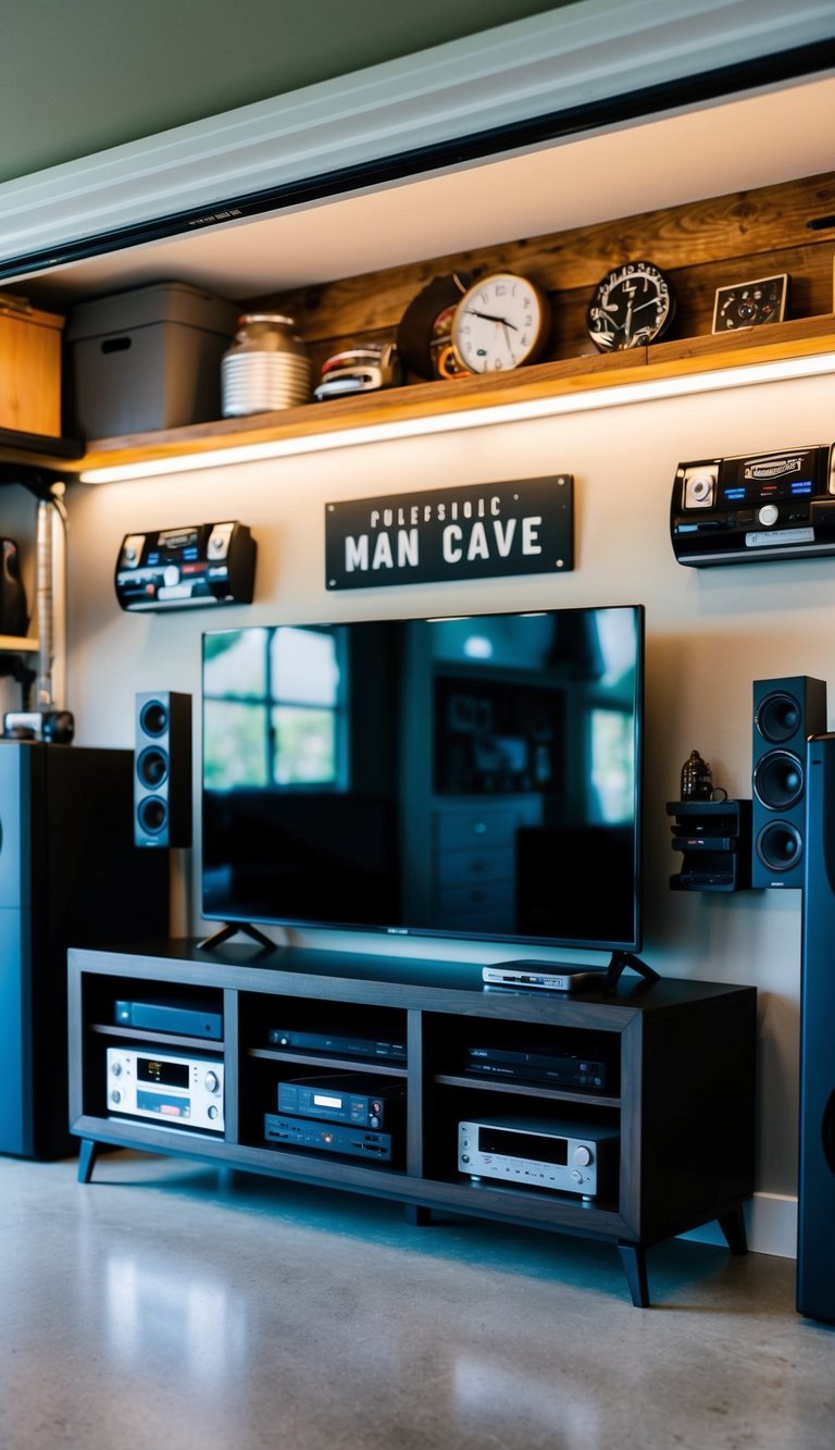 A sleek, custom media console with ample storage sits against a backdrop of a garage man cave, complete with masculine decor and entertainment options